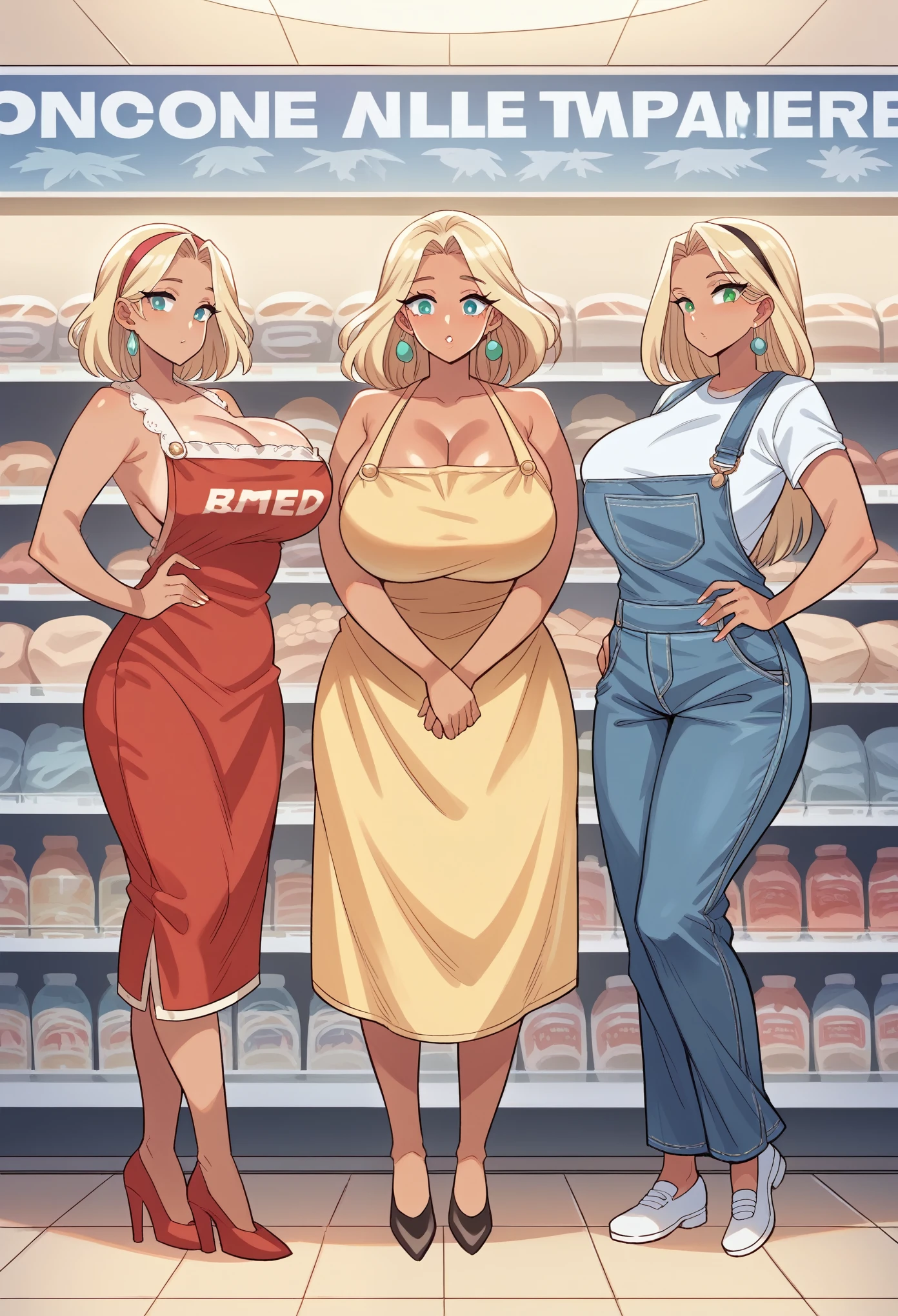 Masterpiece, 4k, high-res,  perfect anatomy, beatiful faces ,OverallDetail, three bimbo women in dresses posing for a picture in front of a store, real life size, profile pic, life-size, 3 heads, big bust, life size, large and tall, ginormous, large breasts size, wax figure, tans, nyc, full body length, tan, thicc, busty, huge scale, sie boob