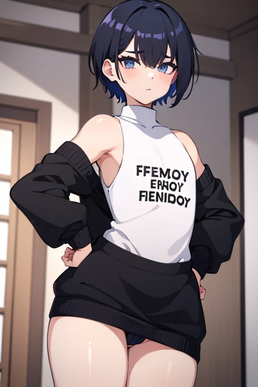 A femboy boy, young boy, sexy with mega short hair, wearing a thick sweater with sleeves, with panties highlighting his penis, pose sexy, small size