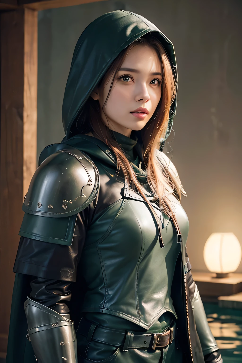 8k,A female adventurer from another world,so beautiful(Like the real thing),((A girl in dark green leather armor:1.4)),Brown Hair,Cowboy Shot,Carrying long objects, Large sword,((Dark green combat trousers:1.4)),((Dark green leather hooded cloak:1.4)),Dagger on hip,A broken carriage behind、Perfect Face,Perfect hand shape,charm,Volume measurement,Body balance,超High resolution,super Realistic skin,Digital single-lens reflex camera, Soft lighting, high quality, Highly detailed face, Highly detailed eyes, highly detailed skin, skin, ((slim:1.4))、Scattered beneath the surface of the water, Highly detailed face, Highly detailed eyes, Beautiful expression, lip, Detailed Background, Written boundary depth, Small breasts、Volumetric lighting, Sharp focus, Absurd, Realistic proportions, Excellent anatomy, (Realistic, 超Realistic:1.4), 16k hdr, dawn,High resolution,super Realistic skin,super Beautiful expression,Fantasy art,Character Art,Dynamic pose,Compensate,Carrying large luggage on your back,