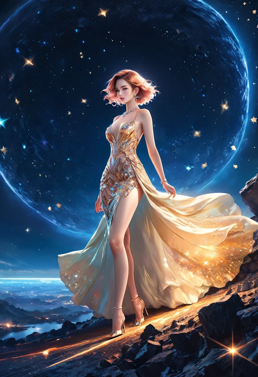 a glamour picture shot, of an elite model covered in stars, walking on a (dark catwalk: 1.2), an extraordinary glamourous elite female model, ((full body: 1.5)),  ((anatomically correct: 1.5), (ultra detailed face: 1.2), best detailed face, yrllow hair, long hair, lush hair, glam hair cut, blue eyes, delicate face, light make up, wearing intricate detailed dress, glamour dress, haute couture dress, elite fashion dress, black as night dress, decorated with bright stars, starlight,  small cleavage, wearing high heels, elegant high heels, she wears diamond necklace, she is glows in a soft starry light, she walks on (asteroid catwalk: 1.2), elite fashion show background, vibrant, Hyperrealism style, vibrant, Ultra-high resolution, High Contrast, (masterpiece:1.5), highest quality, Best aesthetics), best details, best quality, highres, ultra wide angle, 16k, [ultra detailed], masterpiece, best quality, (extremely detailed) RAW, chumbasket art style, magical sky, star