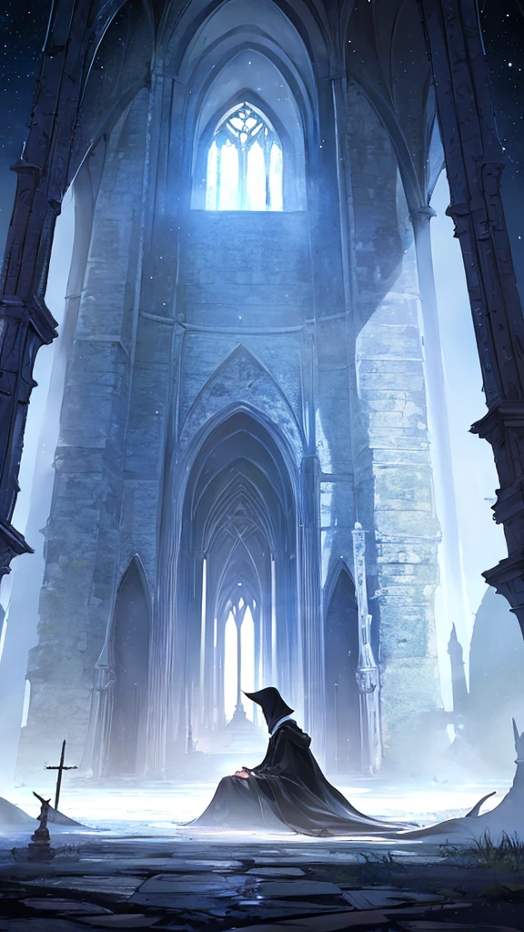 Imagine a desolate landscape shrouded in an eternal twilight, where the sky is a swirling canvas of deep purples, blues, and blacks, punctuated by the faint glow of dying stars. In the distance, a colossal, ancient tree stands bare, its gnarled branches reaching out like skeletal fingers against the backdrop of the cosmos. At its base, a raven perches, its eyes glowing with an otherworldly light, symbolizing the delicate balance between life and death.
In the foreground, a lone, hooded figure kneels before a weathered stone altar, their hands resting on an old, worn-out book, its pages filled with arcane symbols and forgotten lamentations. The figure's face is obscured by a shadow, adding an air of mystery and melancholy to the scene.
Surrounding the figure, ethereal specters of lost souls rise from the misty ground, their transparent forms twisting and turning in a silent, haunting dance, symbolizing the eternal cycle of life and death. The mist itself seems to glow with a faint, bioluminescent light, casting long, eerie shadows across the landscape.
In the background, a massive, decaying cathedral looms, its once-grand architecture now crumbling and overgrown with thorny vines. The stained-glass windows depict scenes of sorrow, loss, and despair, their colors muted by the passage of time. A single, faint light flickers within the cathedral, hinting at a solitary vigil being held within its hallowed halls.