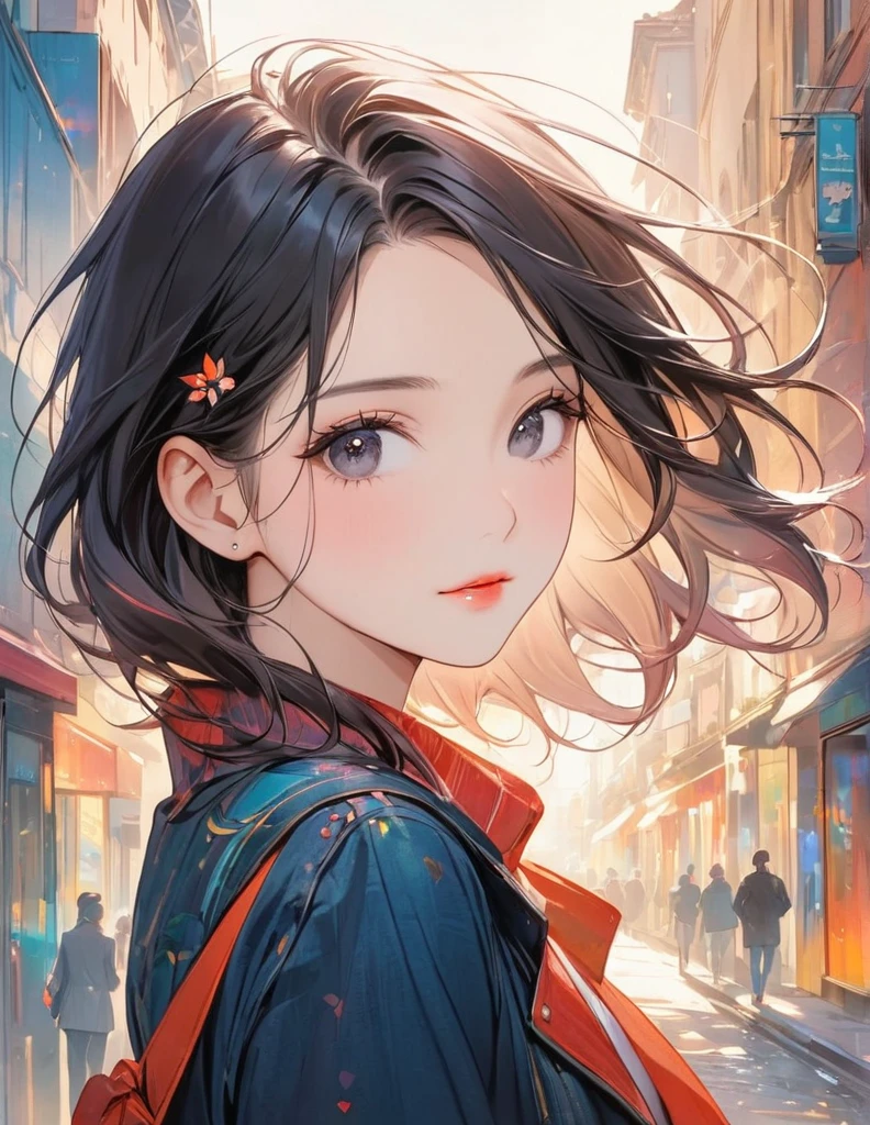 Joseph Mallord William Turner colorful style, Simple Line Initialism，Abstract art，Urban Background, (((The most beautiful girl of all time))), black eyes, Sweet face. Lips in love, colorful hearts, stylish design