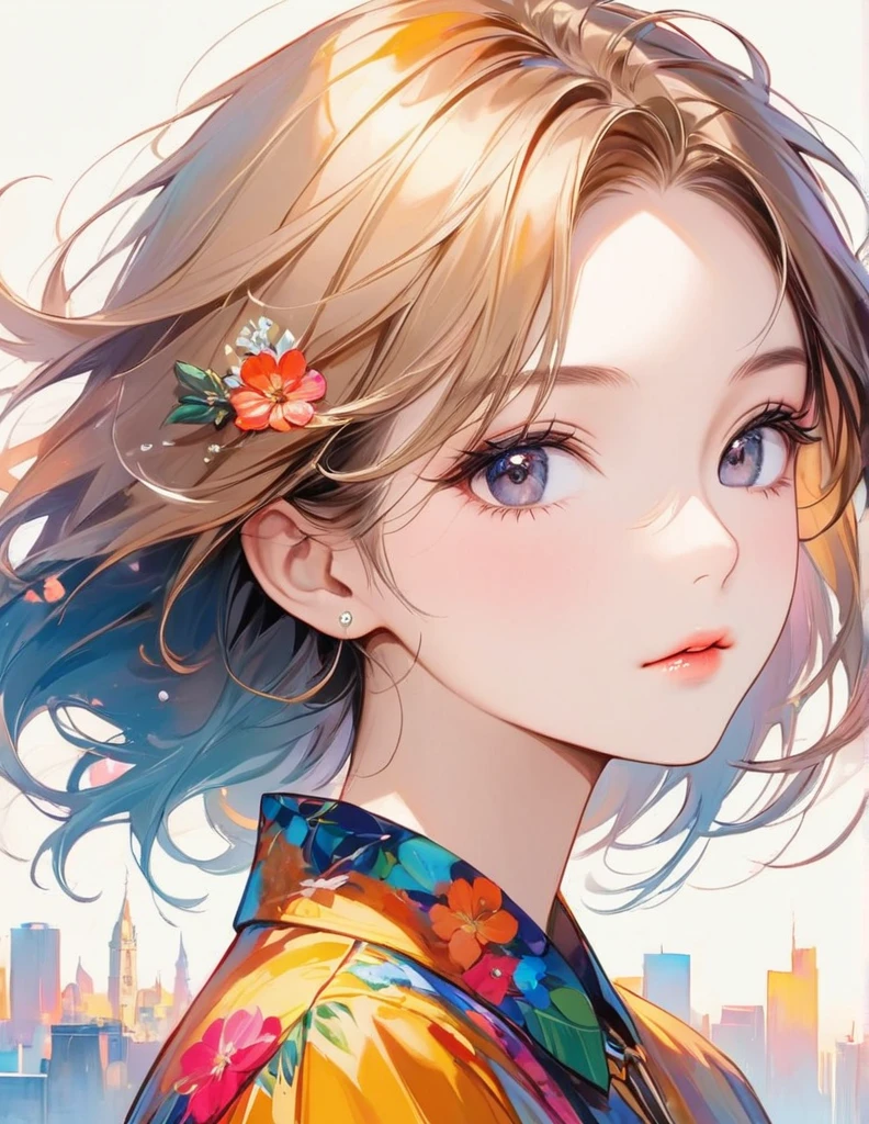 Joseph Mallord William Turner colorful style, Simple Line Initialism，Abstract art，Urban Background, (((The most beautiful girl of all time))), black eyes, Sweet face. Lips in love, colorful hearts, stylish design