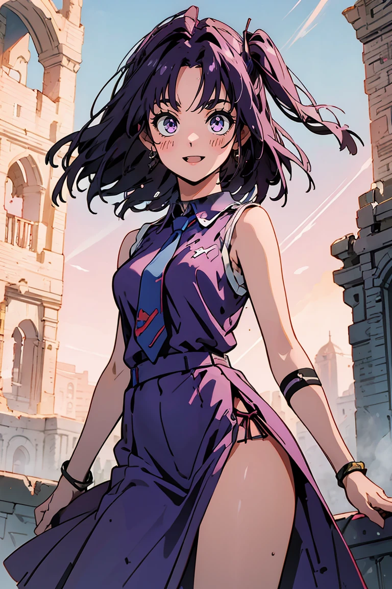 (masterpiece:1.2), (high quality:1.2), reo mikage, blue lock, girls with((1girl, solo, purple hair, (medium hair, right swept bangs, one side up:1.55), bare shoulder, blush, breasts, cowboy shot, blue shirt, chinese dress, blue cheongsam, sleeveless, (collared shirt, necktie:1.45), black armwarmers, elbow armwarmers, long dress, frilled dress, (open dress:1.34), black shorts)), background with((fantasy world, ruin, castle, beautiful sky, shining sky, sunshine:1.35))