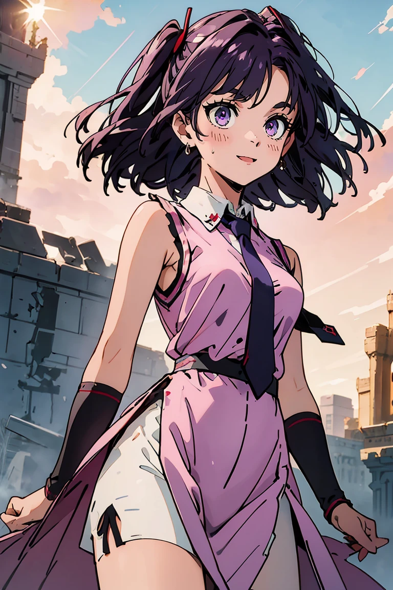 (masterpiece:1.2), (high quality:1.2), reo mikage, blue lock, girls with((1girl, solo, purple hair, (medium hair, right swept bangs, one side up:1.55), bare shoulder, blush, breasts, cowboy shot, blue shirt, chinese dress, blue cheongsam, sleeveless, (collared shirt, necktie:1.45), black armwarmers, elbow armwarmers, long dress, frilled dress, (open dress:1.34), black shorts)), background with((fantasy world, ruin, castle, beautiful sky, shining sky, sunshine:1.35))