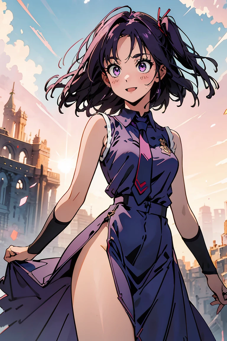 (masterpiece:1.2), (high quality:1.2), reo mikage, blue lock, girls with((1girl, solo, purple hair, (medium hair, right swept bangs, one side up:1.55), bare shoulder, blush, breasts, cowboy shot, blue shirt, chinese dress, blue cheongsam, sleeveless, (collared shirt, necktie:1.45), black armwarmers, elbow armwarmers, long dress, frilled dress, (open dress:1.34), black shorts)), background with((fantasy world, ruin, castle, beautiful sky, shining sky, sunshine:1.35))