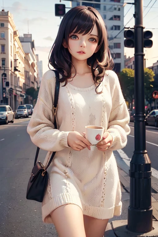 ((masterpiece, Highest quality, Very detailed)), girl, alone, 
Fashion Model, cute female model, Girlish style, Pink beige knit dress,  Street Corner, cafe at sunset, Soft Light