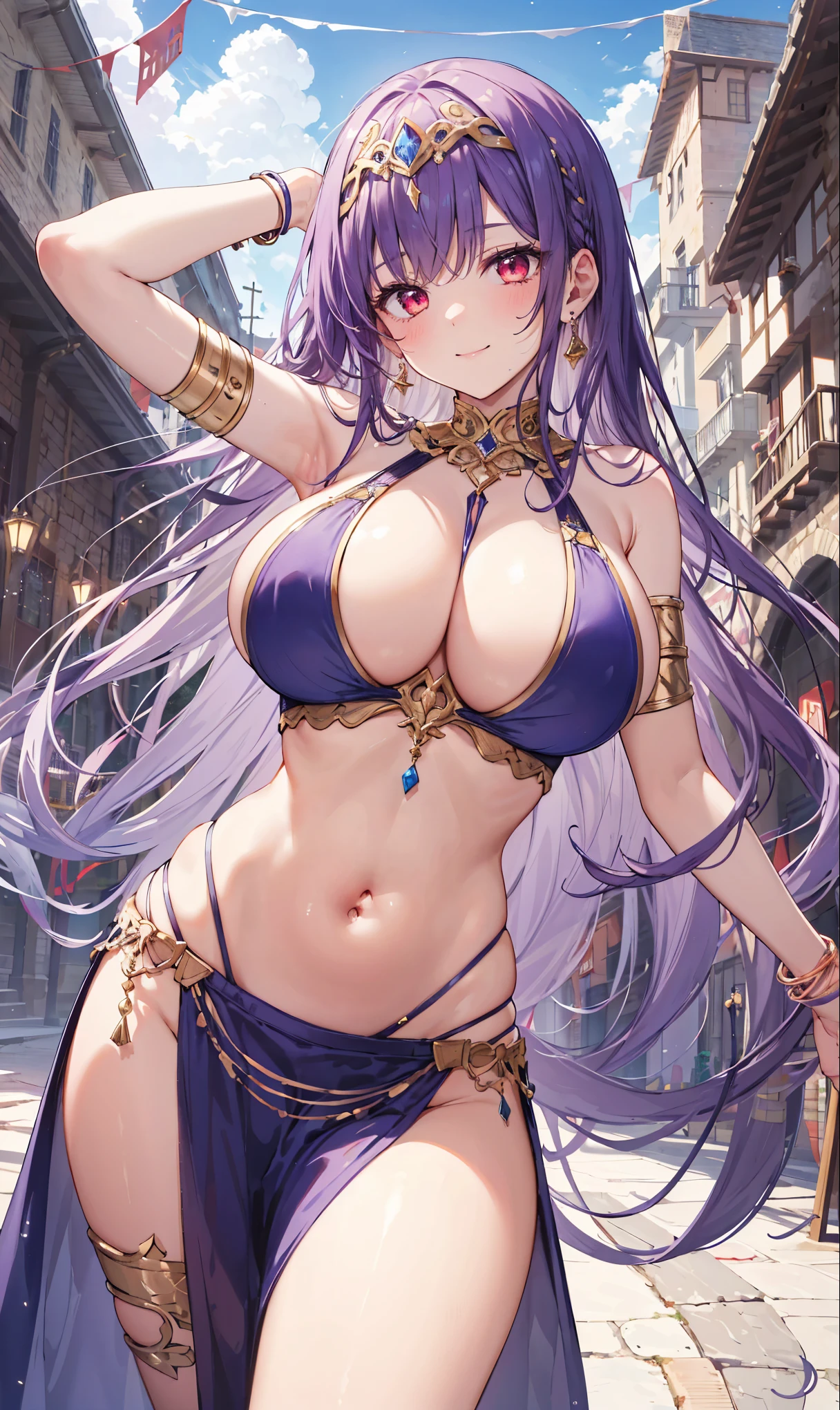 high quality, ultra detailed, best quality, insanely detailed, beautiful, masterpiece, 1girl, medieval plaza, cowboy shot, red eyes, long hair, purple hair, belly dancer, circlet, earrings, armlets, bracelets, bashful smile, large breasts, cleavage, soft stomach