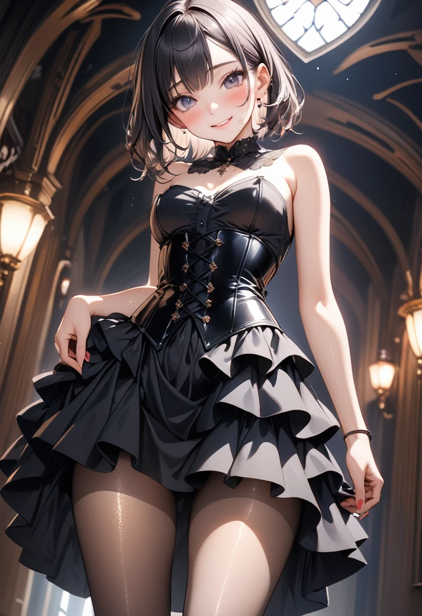 (((Wearing an elegant, shiny gothic dress, corset and skirt, pantyhose))), skinny, solo, 1 woman, Masterpiece, highest quality, highest quality, 16K, incredibly absurd, highly detailed, 2.5D, ai-generated, delicate and dynamic, very delicate facial expressions, delicate eye depiction, erotic, only sexy woman, ((A cute and kind face)), healthy figure, ((25-year-old woman)), 160cm tall, medium firm swaying bust,, blush, Sweat,Embarrassed,sexy, ((thin thighs)), NSFW, (camel toe:0.5), (visible nipples:0.5), (Erect nipples,:0.1), shiny and lustrous, facing straight at viewer, smile, ((Oily_skin)), ((dutch angle)), ((erotic pose)), Fashion Model poses, Fashion Model style, (Close-up),