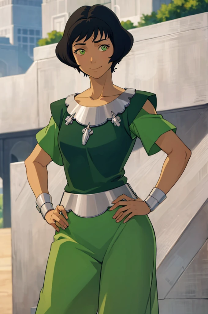 ((masterpiece,best quality)), absurdres, Opal Korra, smile, looking at viewer, hand on hip, cowboy shot, outdoors, collarbone, tree,