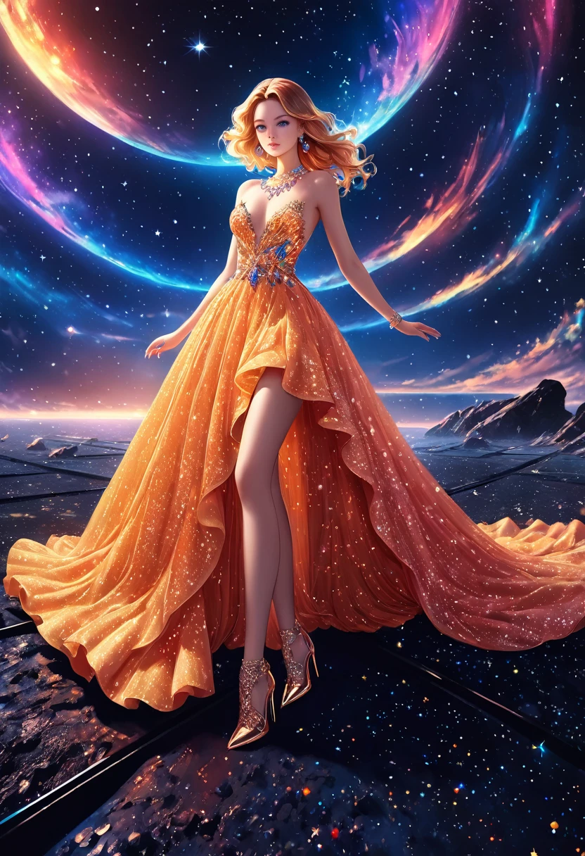 a glamour picture shot, of an elite model covered in stars, walking on a (dark catwalk: 1.2), an extraordinary glamourous elite female model, ((full body: 1.5)),  ((anatomically correct: 1.5), (ultra detailed face: 1.2), best detailed face, yrllow hair, long hair, lush hair, glam hair cut, blue eyes, delicate face, light make up, wearing intricate detailed dress, glamour dress, haute couture dress, elite fashion dress, black as night dress, decorated with bright stars, starlight,  small cleavage, wearing high heels, elegant high heels, she wears diamond necklace, she is glows in a soft starry light, she walks on (asteroid catwalk: 1.2), elite fashion show background, vibrant, Hyperrealism style, vibrant, Ultra-high resolution, High Contrast, (masterpiece:1.5), highest quality, Best aesthetics), best details, best quality, highres, ultra wide angle, 16k, [ultra detailed], masterpiece, best quality, (extremely detailed) RAW, chumbasket art style, magical sky, star