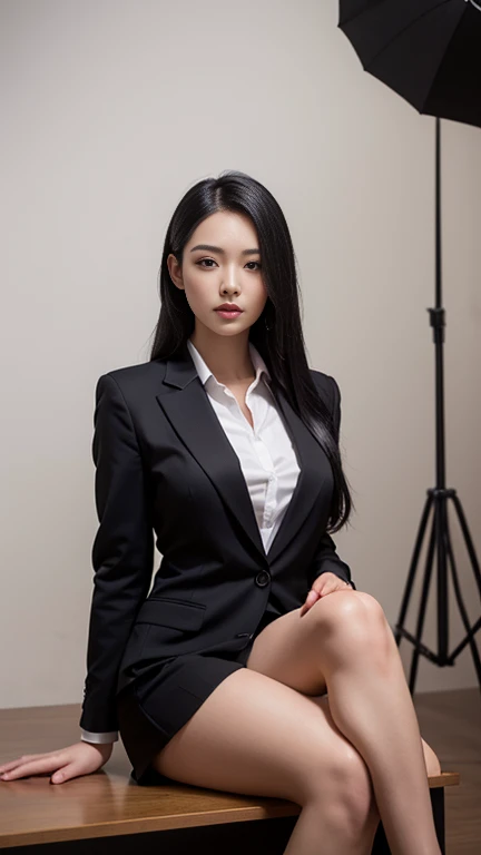 Beautiful young woman, Long black hair, Wearing a black business suit and a short skirt, Seductive pose, Sitting, Detailed Photos, photoRealistic, Realistic, Very detailed, Very detailed, 8k, Sharp focus, Physically Based Rendering, Studio Lighting, Vibrant colors, Cinema Lighting, Dramatic lighting, fine art portraiture