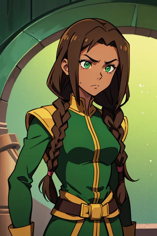 Earthbender human woman with tanned skin. She is a 16-year-old teenager with green eyes and green clothing. Her hair is long and brown in color; it is fastened in a large braid. Just one braid. She is beautiful and her skin is dark in color. Her skin is slightly dark. Earthbender. Tsundere face. Pink eye shading