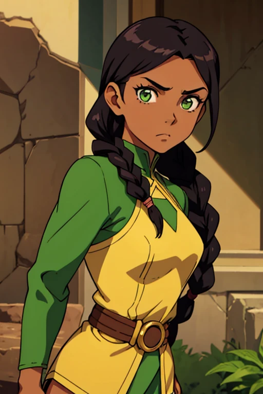 Earthbender human woman with tanned skin. She is a -yeld teger with green eyes and green clothing. Her hair is long and brown in color; it is fastened in a large braid. Just one braid. She is beautiful and her skin is dark in color. Her skin is slightly dark. Earthbender. Tsundere face. Pink eye shading
