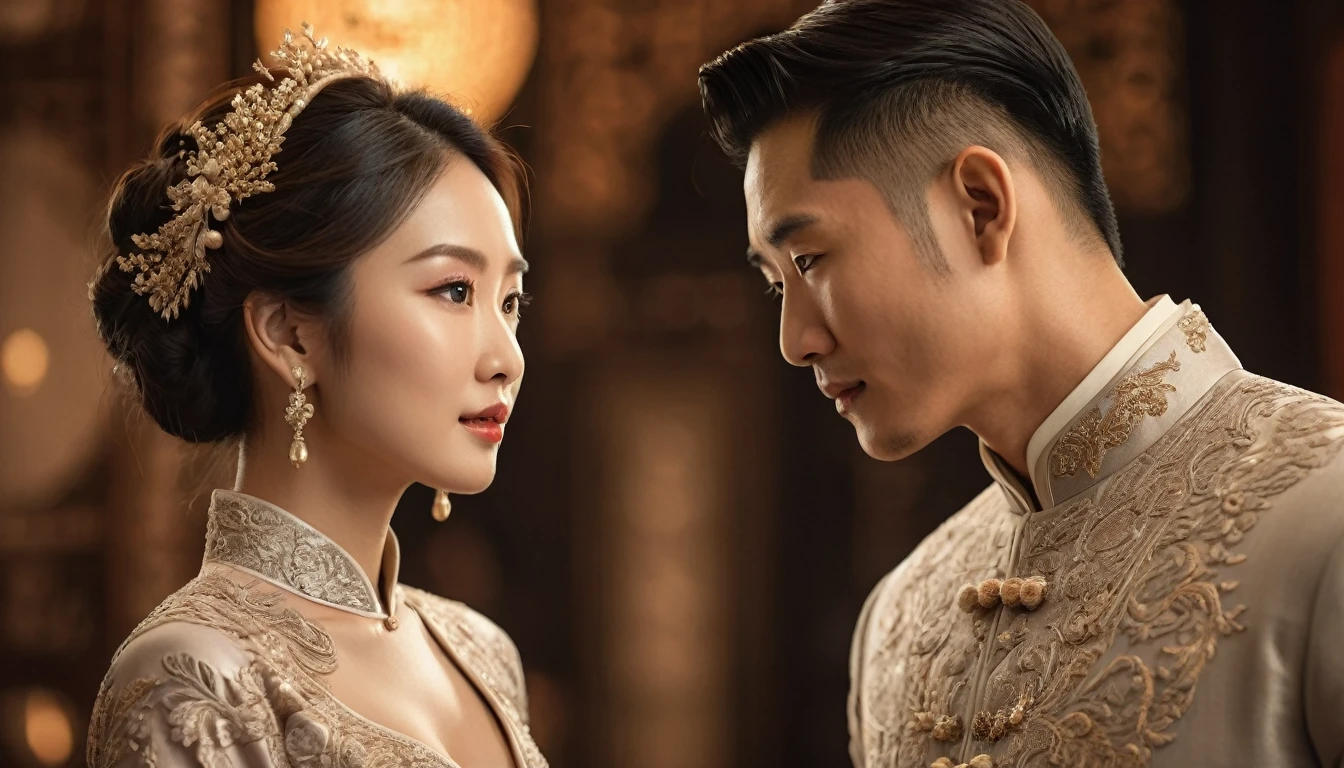 
a beautiful Asian man and woman looking at each other, in elegant clothes 
Intricate details, highly detailed facial features, beautiful eyes, elegant expression, high quality, photorealistic, 8k, award-winning artwork, warm lighting, natural tones, cinematic composition