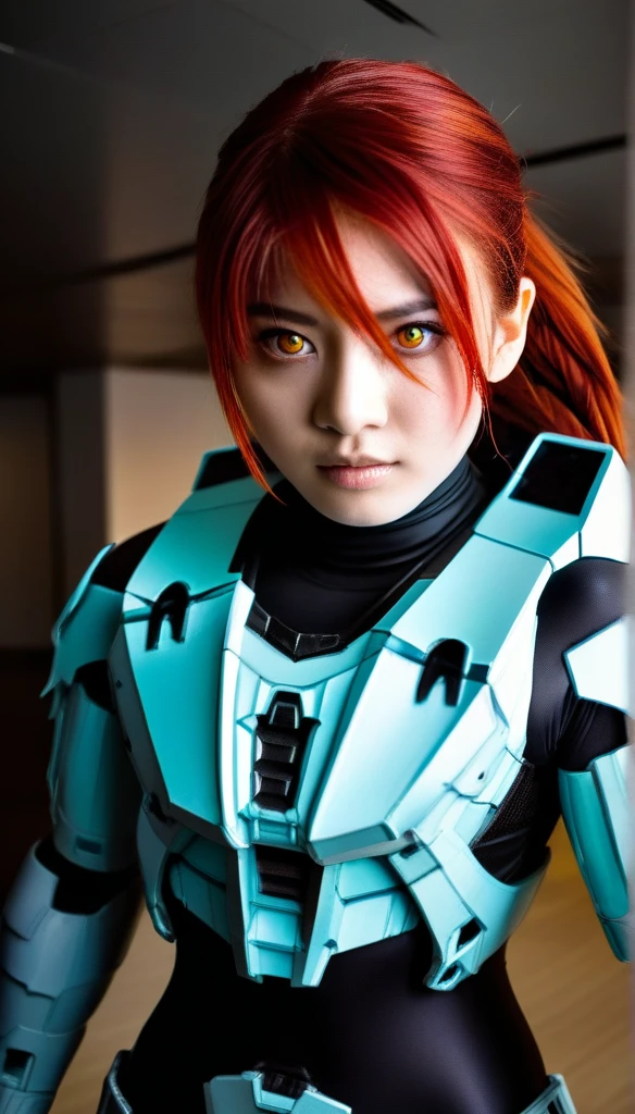 1 Girl、((glowing eyes, red eyes)), Medium Bust、solo、red Hair、Braid、Mobile Race Suit、Shoulder Armor、ceiling、Wide Shot、Looking Ahead、zipup suit 、Closed Mouth、Highest quality、medium quality、22 years old、Mobile Trace System、cockpit、Asian、CyborgCosplay
