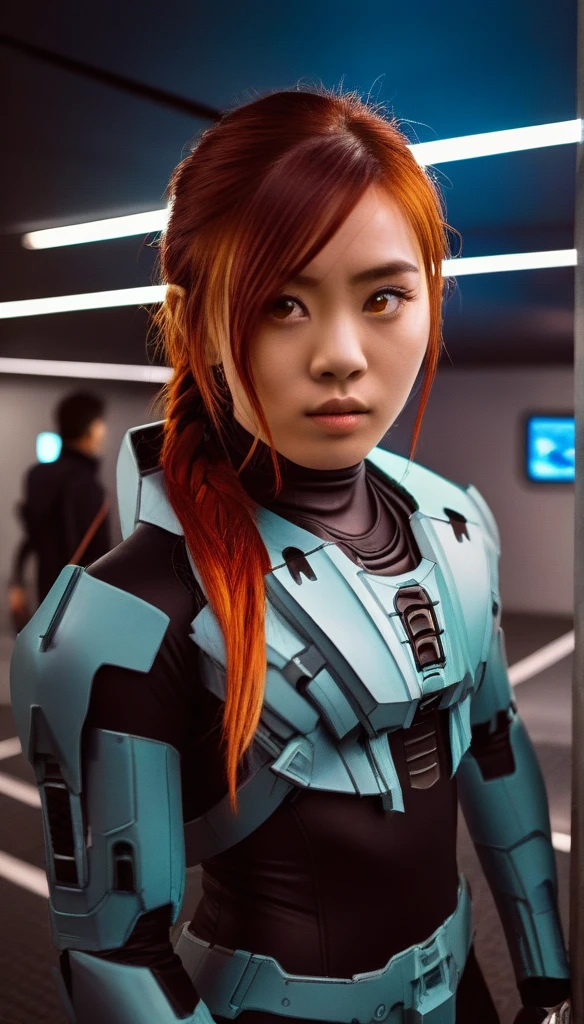 1 Girl、((glowing eyes, red eyes)), Medium Bust、solo、red Hair、Braid、Mobile Race Suit、Shoulder Armor、ceiling、Wide Shot、Looking Ahead、zipup suit 、Closed Mouth、Highest quality、medium quality、22 years old、Mobile Trace System、cockpit、Asian、CyborgCosplay
