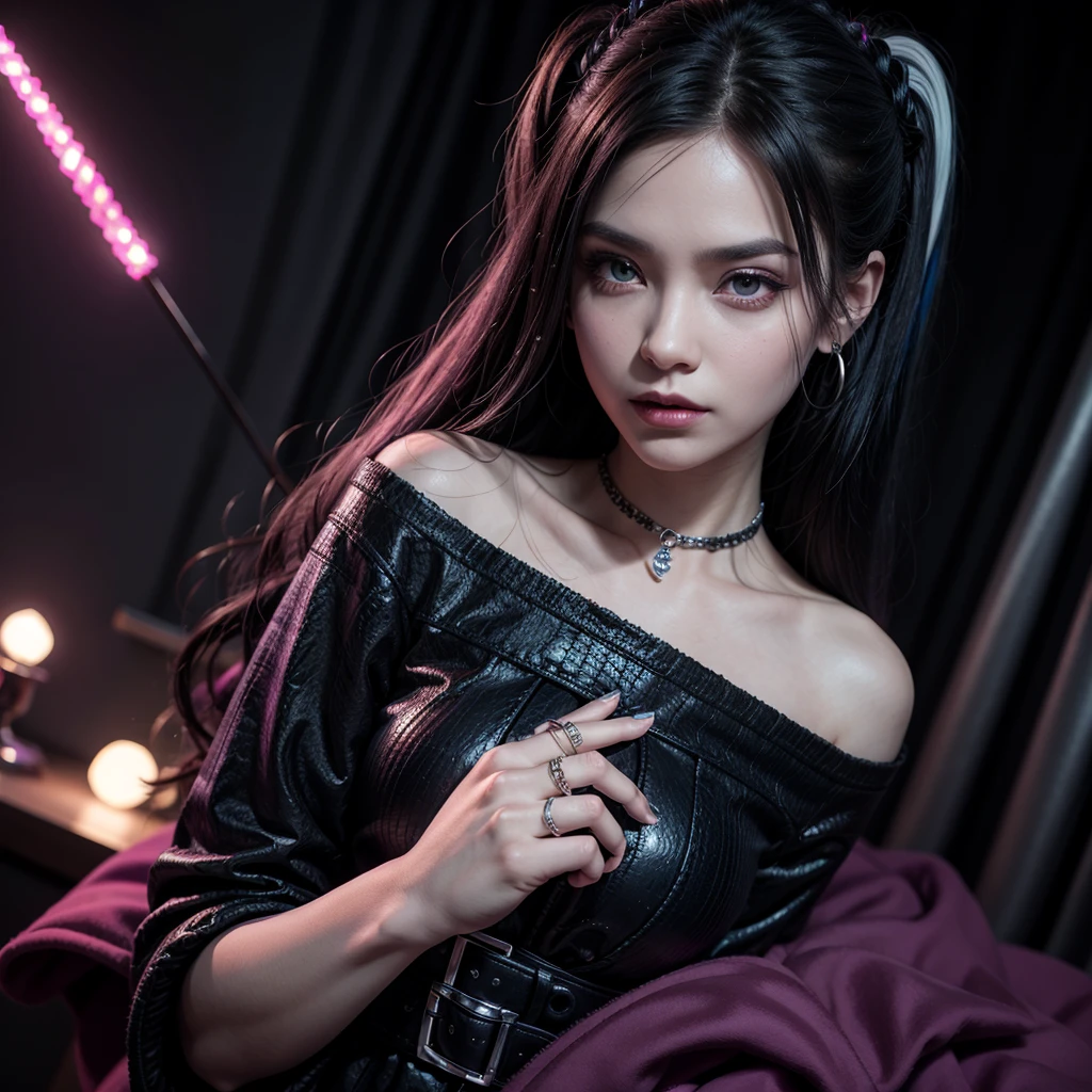 create a vampire at a birthday party with a purple Chanel outfit with black details , her hair is black with blue highlights, and with a snake ring on her finger , realistic styling , 独奏, longye hair, gazing at viewer, gazing at viewer, best qualityer, HD Model, super detaill, cinematic lighting, 3D rendering, cinematographic,