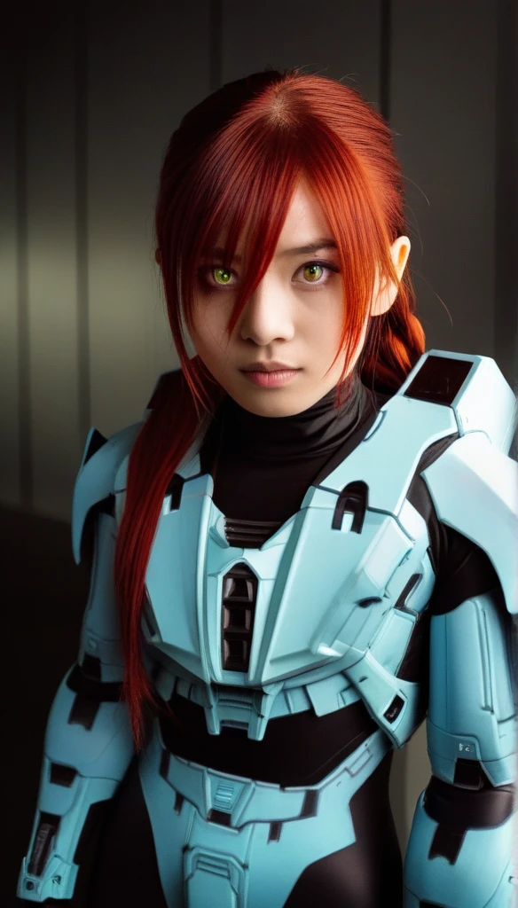 1 Girl、((glowing eyes, red eyes)), Medium Bust、solo、red Hair、Braid、Mobile Race Suit、Shoulder Armor、ceiling、Wide Shot、Looking Ahead、zipup suit 、Closed Mouth、Highest quality、medium quality、22 years old、Mobile Trace System、cockpit、Asian、CyborgCosplay
