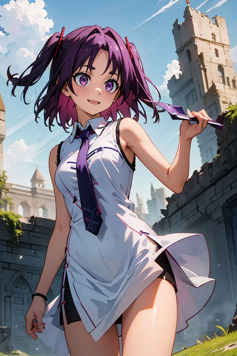 (masterpiece:1.2), (high quality:1.2), reo mikage, blue lock, girls with((1girl, solo, purple hair, (medium hair, right swept bangs, one side up:1.55), bare shoulder, blush, breasts, cowboy shot, blue shirt, chinese dress, blue cheongsam, sleeveless, (collared shirt, necktie:1.45), black arm warmers, arm warmers, long dress, (open dress:1.34), black shorts)), background with((fantasy world, ruin, castle, beautiful sky, shining sky, sunshine:1.35))