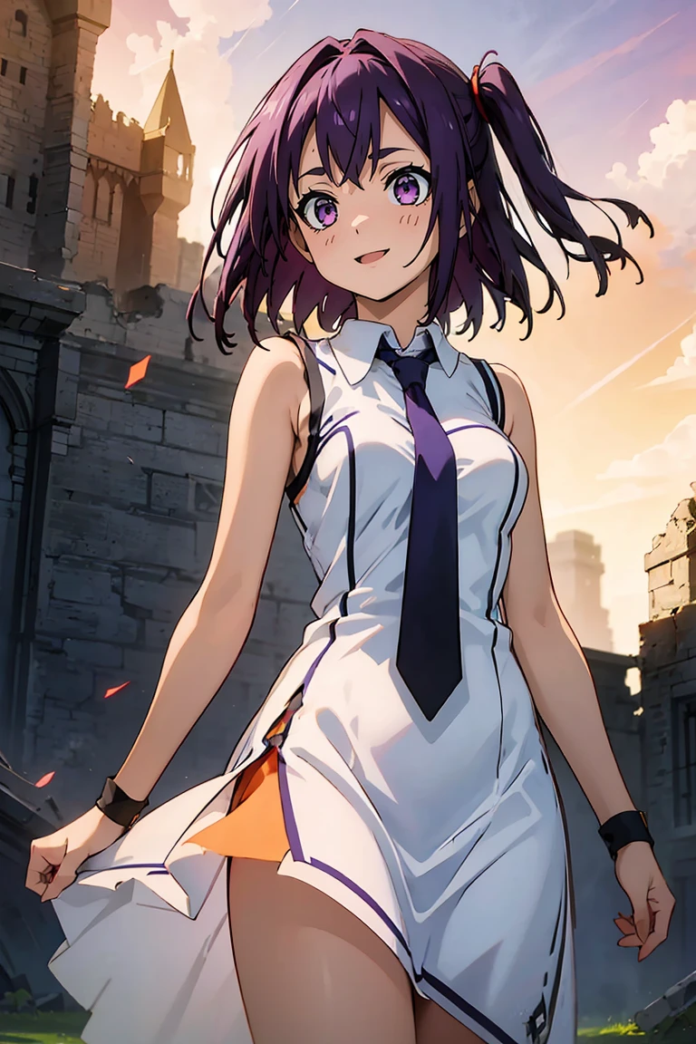 (masterpiece:1.2), (high quality:1.2), reo mikage, blue lock, girls with((1girl, solo, purple hair, (medium hair, right swept bangs, one side up:1.55), bare shoulder, blush, breasts, cowboy shot, blue shirt, chinese dress, blue cheongsam, sleeveless, (collared shirt, necktie:1.45), black arm warmers, arm warmers, long dress, (open dress:1.34), black shorts)), background with((fantasy world, ruin, castle, beautiful sky, shining sky, sunshine:1.35))