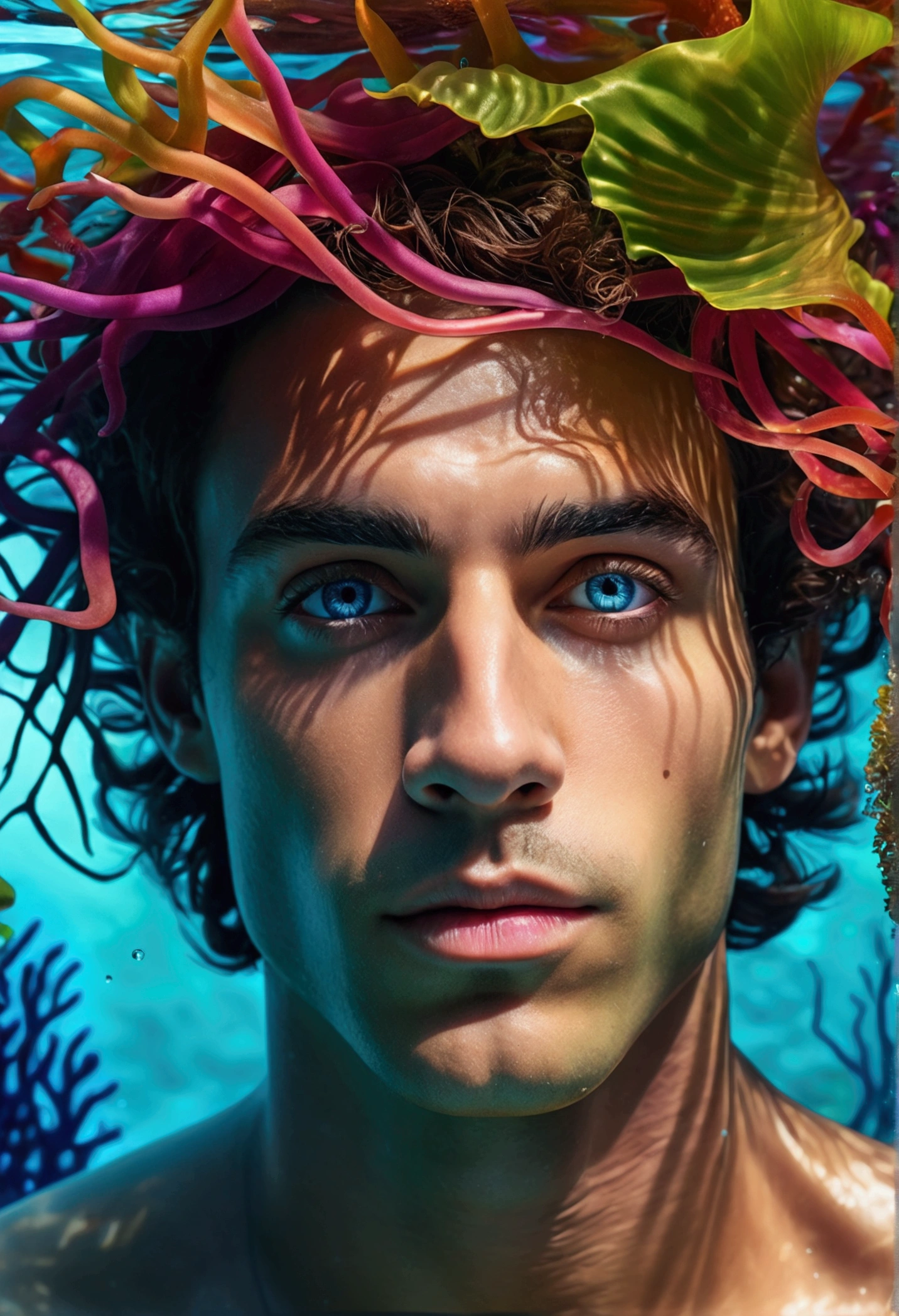 intricate male portrait,1 man with beautiful eyes,aqua blue skin tone,Detailed and beautiful facial features,swimming underwater,colorful seaweed forest background,photorrealistic,dramatic lighting,film composition,fantasy art style,highy detailed,work of art,swirly vibrant colors,(best qualityer,8k,hyper realist,extremely detaild:1.2)