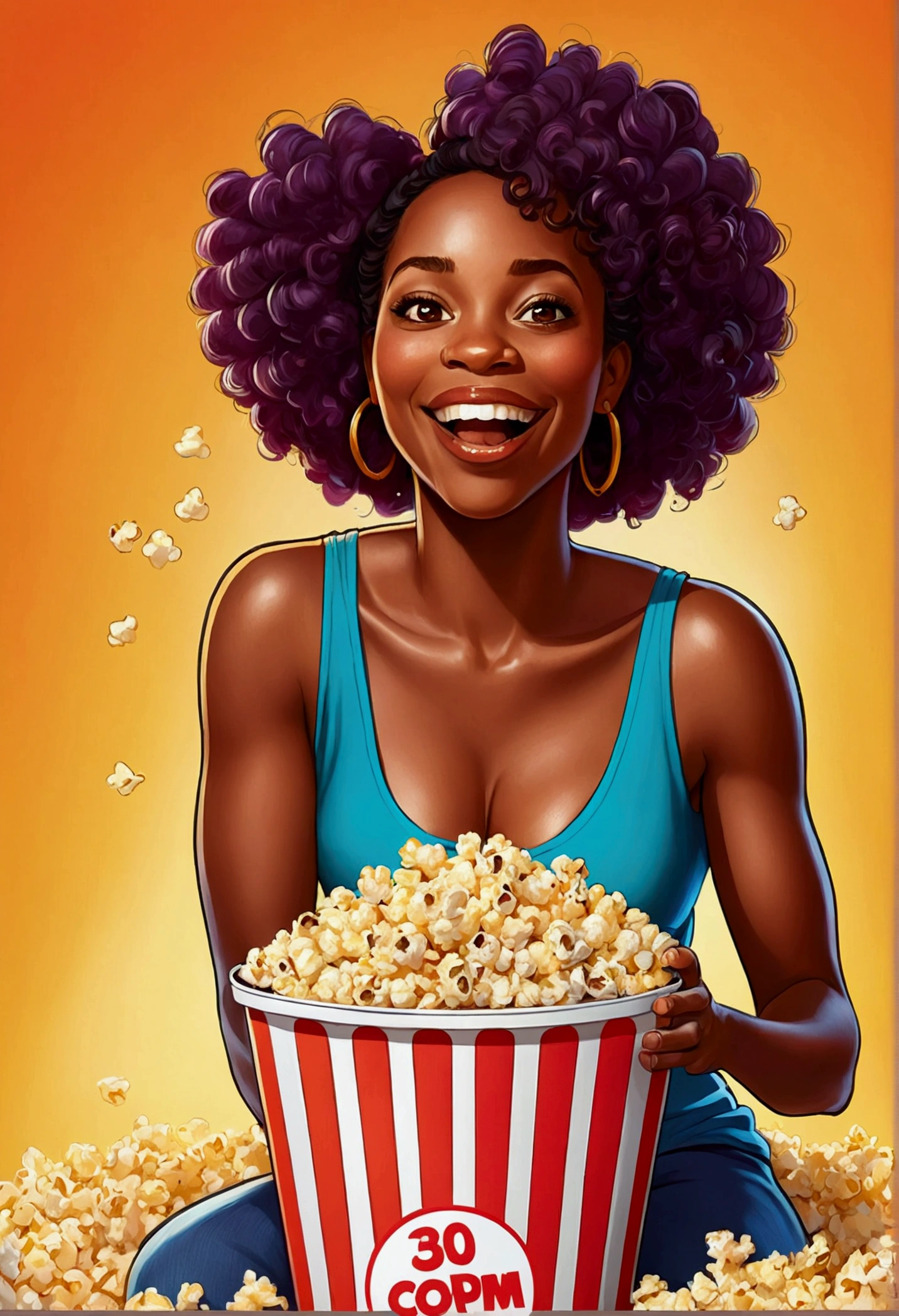 Super colorful cartoon of a 30-year-old black woman watching a movie with a giant bucket of popcorn in her hand and super happy and looking at the camera