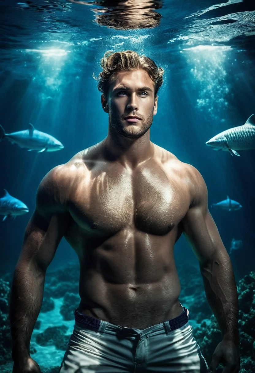 A captivating image of an attractive, muscular sailor, shirtless, toned, and entranced beneath the song of the hunk mermans. He is submerged underwater, surrounded by three handsome mermans with alluring features. His face appears to be under a spell, and his expression conveys a sense of mystery and tranquility from the ocean's depths. The background reveals the vast ocean with its deep blues and a sense of untouched beauty.underwater atmosphere,underwater shadows,underwater light reflection,masterpiece,trending on pinterest
