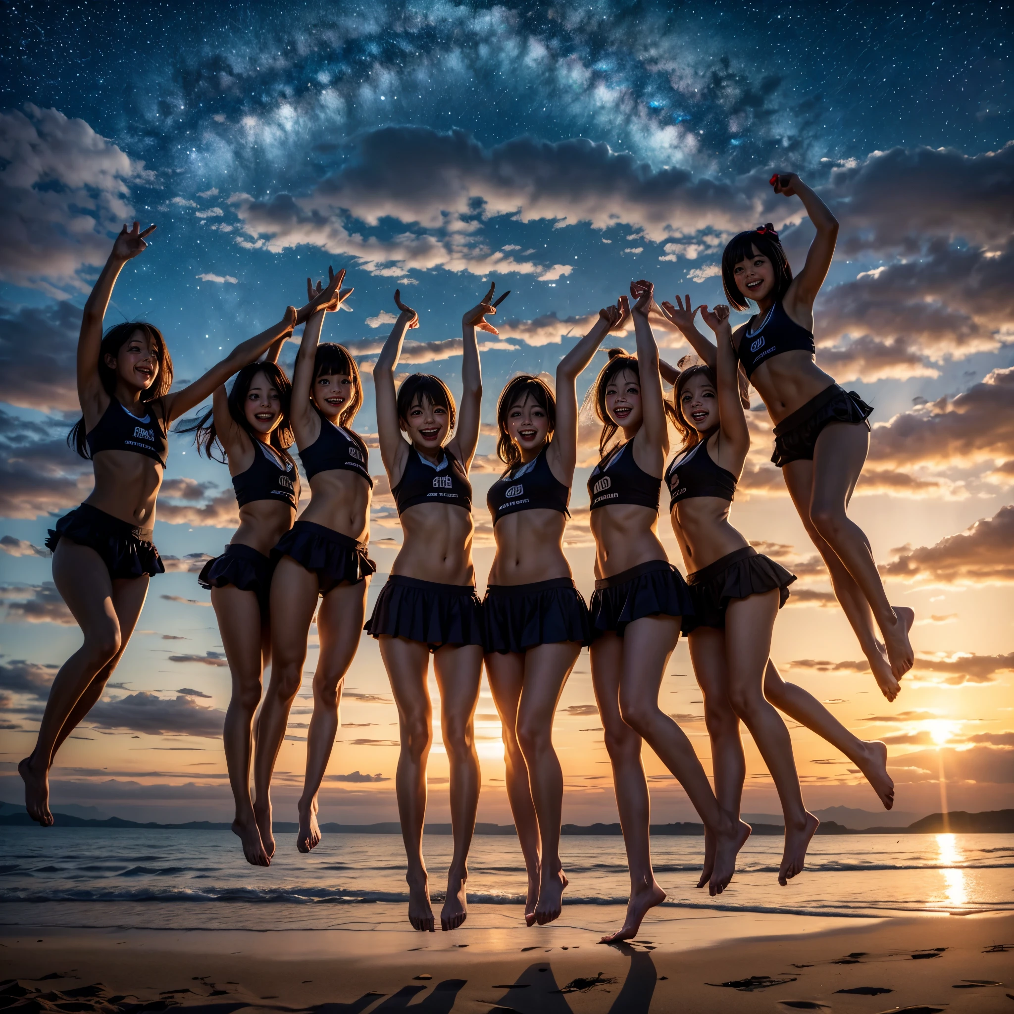Masterpiece of ProfessionalPhoto ((ExtremelyDetailed (12 PICHIPICHI KAWAII Girls Floating in The Air in a row:1.37) in WHITE at Dusk Enoshima Beach)), {(Standing Full Body:1.2)|(from below:1.2)|Detailed KAWAII face}, Different types of hair colors, {(skinny(school swimwear))|(SchoolUniform)with Skinny AthleticShorts}, {(Corrected Childish hand)|Hidden hand|Different types of breasts|(Clearly Visible the shape of Butt)}, Joyful Expressions LifeLike Rendering, PerfectLighting, (Dazzling Horizon Visible through ThighGap), (Starry IridescentParticles:1.22) ColorfulClouds