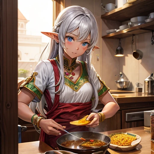 Making curry at a curry restaurant A brown-skinned elf with long silver hair