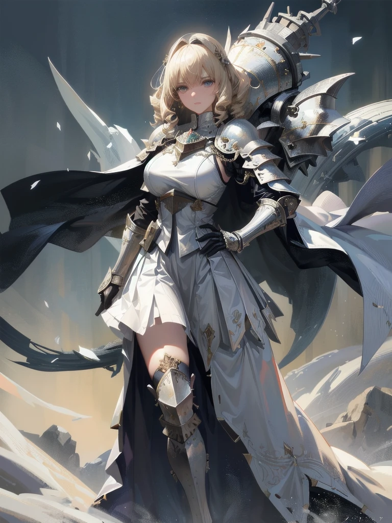 Very beautiful woman、Slender women、(Detailed face)、Realistic Skin、((holy knight)), ((Pearl White Armor))、((((Black armor with very fine and intricate decoration:1.1))))、((Delicate photo)),(Girl Astepeace RAW Photo Details:1.25), (highest quality:1.6), (超A high resolution:1.5), (Realistic:1.75), 8K resolution, Canon EOS R5, 50mm, Absurd, Ultra-detailed,Cinema Lighting,((battlefield))、((battle))、(((White skirt with embellishments)))、Thigh-high socks、Shin Guards、((Blonde))、((Curly Hair))、((Drill Hair))、((Wavy short hair with bangs,))、Get six-pack、Cape、Beautiful Armor、(((Has a huge weapon)))、(In combat)、The wind is blowing、((Symmetrical Armor))、((((Blizzard))))、(((Leading a large group of knights:1.2)))、Banner、Armor with a snow and ice motif、(((Battle Scene)))