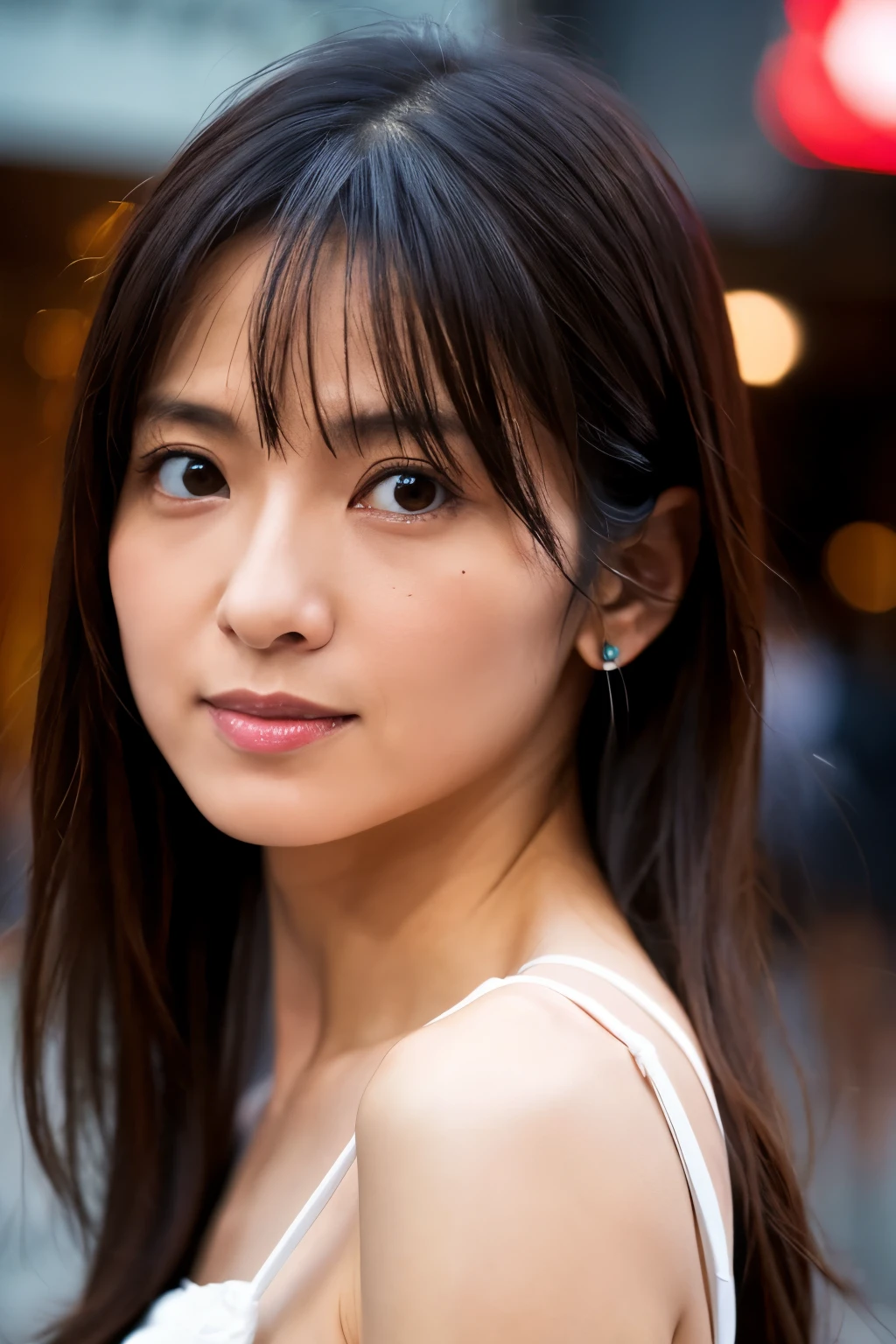 Highest image quality, 8K, a skinny Japanese lady, 30 years old, sad look, detailed face, detailed eyes, delicate body, small breasts, correct anatomy, black hair, long hair, cute fashion, soaking wet in a heavy rain, standing at street corner without an umbrella, looking back at the viewer, whole body photo