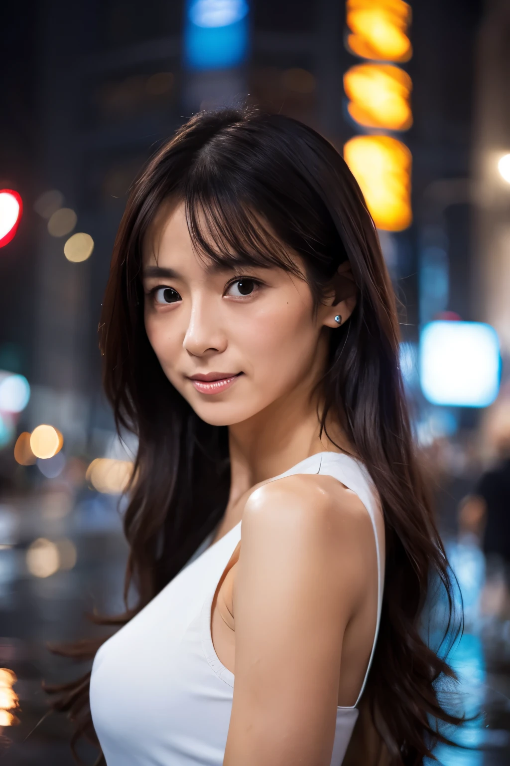 Highest image quality, 8K, a skinny Japanese lady, 30 years old, sad look, detailed face, detailed eyes, delicate body, small breasts, correct anatomy, black hair, long hair, cute fashion, soaking wet in a heavy rain, standing at street corner without an umbrella, looking back at the viewer, whole body photo