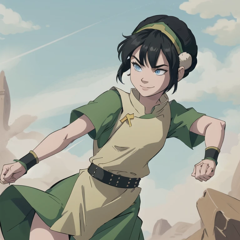 masterpiece, best quality, highres, 1girl, solo, black hair, hairband, belt, short hair, dress, blue eyes, hair bun, green hairband, blind, chinese clothes, hair bun, green dress, short sleeves, pelvic curtain, smile, fighting stance,