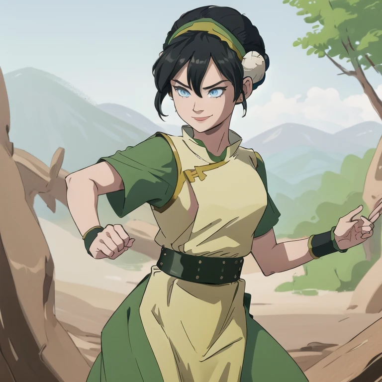 masterpiece, best quality, highres, 1girl, solo, black hair, hairband, belt, short hair, dress, blue eyes, hair bun, green hairband, blind, chinese clothes, hair bun, green dress, short sleeves, pelvic curtain, smile, fighting stance,