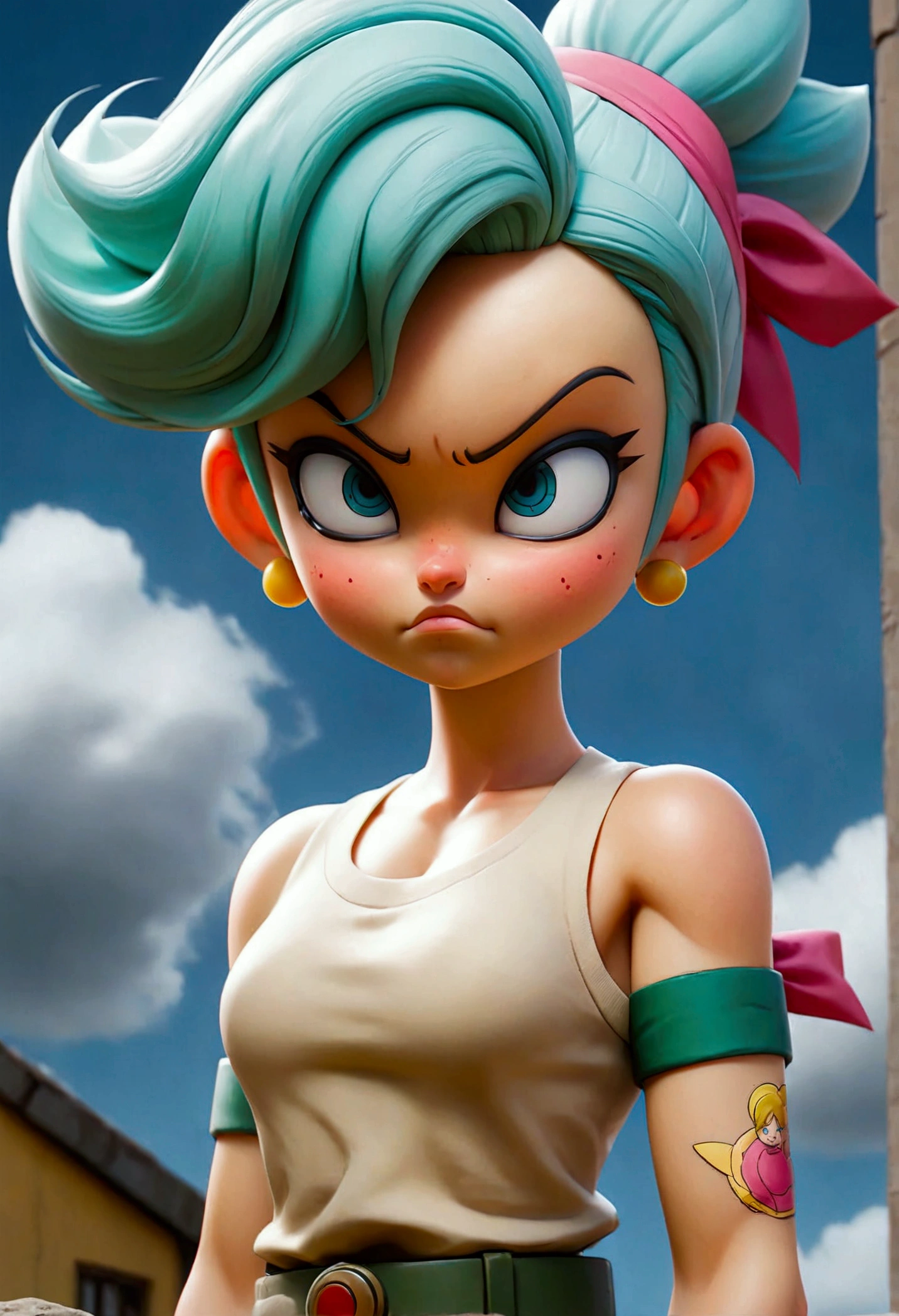  score_9, score_8_up, score_7_up, BREAK bulma, blue eyes, blue hair,bare shoulders, belt, cleavage, hair bobbles, hair ornament, hair over shoulder, midriff, navel, one side up, red tube top, shorts, side ponytail, strapless, tube top,

