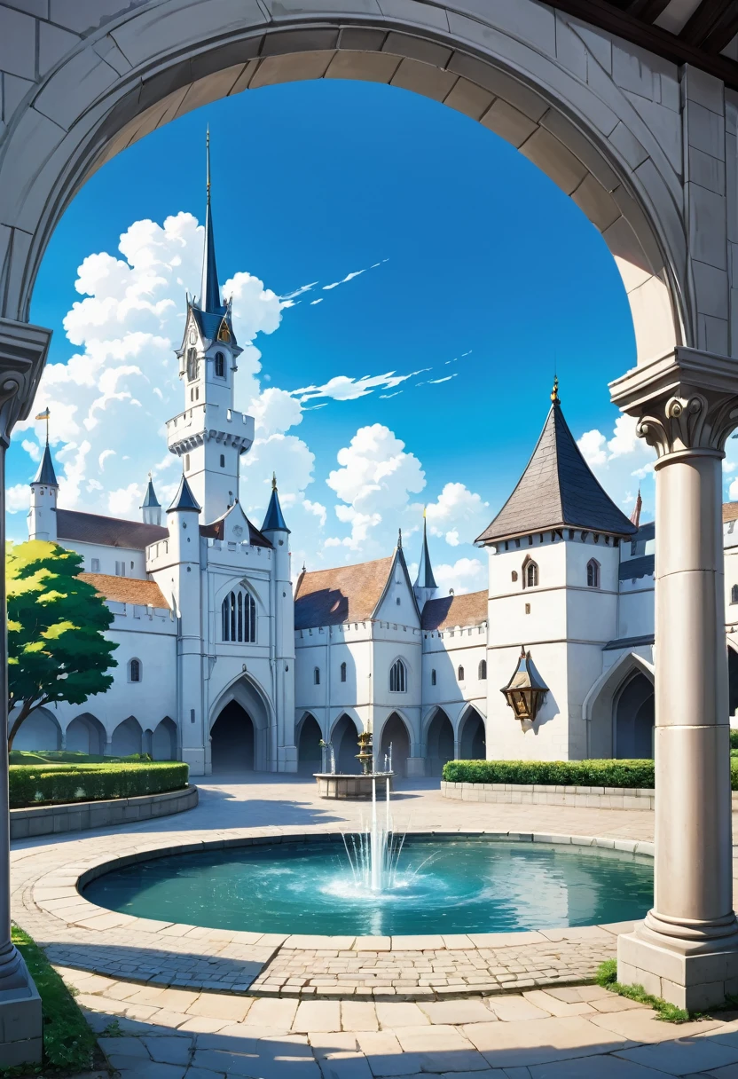 medieval times, in fountain park, blue sky, anime background, empty background image, white city, white medieval buildings