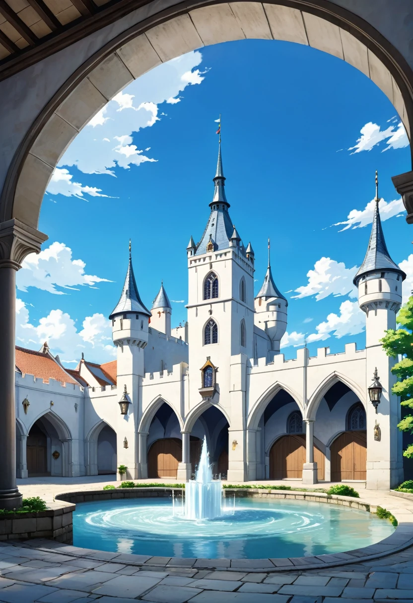 medieval times, in fountain park, blue sky, anime background, empty background image, white city, white medieval buildings