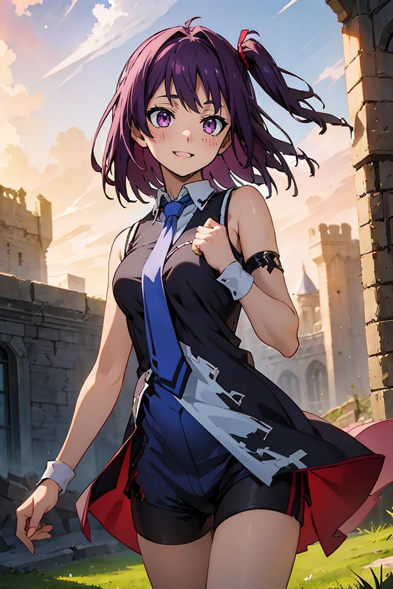 (masterpiece:1.2), (high quality:1.2), reo mikage, blue lock, girls with((1girl, solo, purple hair, (medium hair, right swept bangs, one side up:1.55), bare shoulder, blush, breasts, cowboy shot, blue shirt, chinese dress, blue cheongsam, sleeveless, (collared shirt, necktie:1.45), black arm warmers, arm warmers, long dress, (open dress, black shorts:1.34))), background with((fantasy world, ruin, castle, beautiful sky, shining sky, sunshine:1.35))