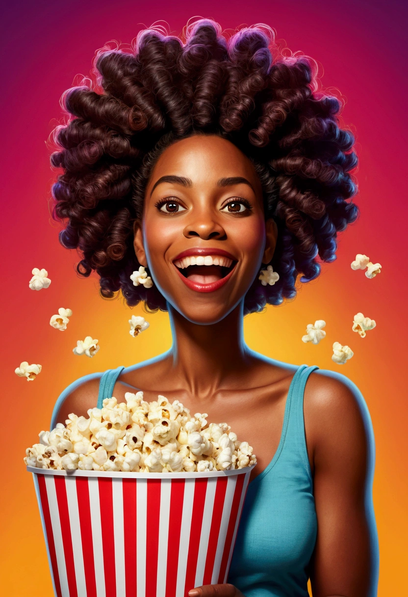 Super colorful cartoon of a 30-year-old black woman watching a movie with a giant bucket of popcorn in her hand and super happy and looking at the camera 