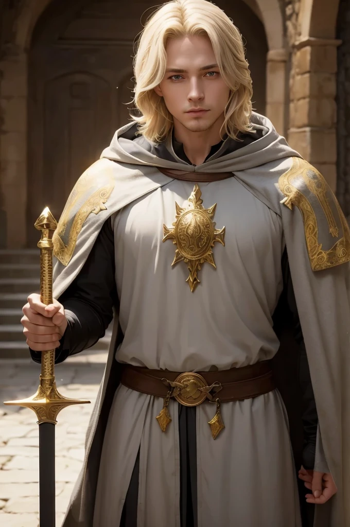 Medieval man with gray cloak, holding a sword with golden shine. This man has medium blond hair and his eyes shine golden like the sun, seu cabelo é bem curto e loiro, sua espada possui laminas douradas, e seus olhos vermelhos, bem vermelhos.