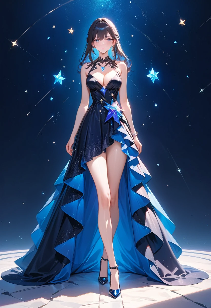 a glamour picture shot, of an elite model covered in stars, walking on a (dark catwalk: 1.2), an extraordinary glamourous elite female model, ((full body: 1.5)),  ((anatomically correct: 1.5), (ultra detailed face: 1.2), best detailed face, yrllow hair, long hair, lush hair, glam hair cut, blue eyes, delicate face, light make up, wearing intricate detailed dress, glamour dress, haute couture dress, elite fashion dress, black as night dress, decorated with bright stars, starlight,  small cleavage, wearing high heels, elegant high heels, she wears diamond necklace, she is glows in a soft starry light, she walks on (asteroid catwalk: 1.2), elite fashion show background, vibrant, Hyperrealism style, vibrant, Ultra-high resolution, High Contrast, (masterpiece:1.5), highest quality, Best aesthetics), best details, best quality, highres, ultra wide angle, 16k, [ultra detailed], masterpiece, best quality, (extremely detailed) RAW, chumbasket art style, magical sky, star, Haute_Couture