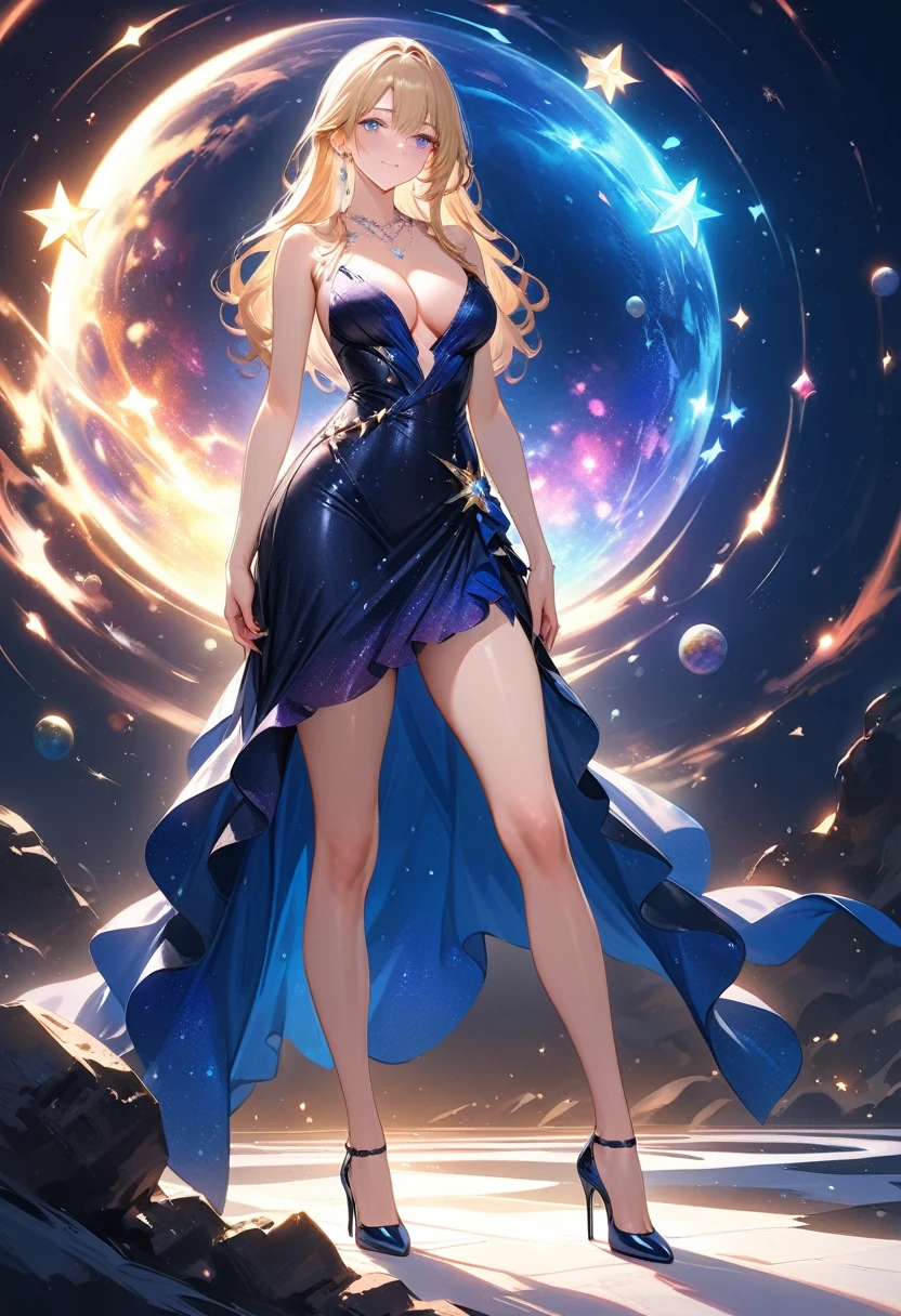 a glamour picture shot, of an elite model covered in stars, walking on a (dark catwalk: 1.2), an extraordinary glamourous elite female model, ((full body: 1.5)),  ((anatomically correct: 1.5), (ultra detailed face: 1.2), best detailed face, yrllow hair, long hair, lush hair, glam hair cut, blue eyes, delicate face, light make up, wearing intricate detailed dress, glamour dress, haute couture dress, elite fashion dress, black as night dress, decorated with bright stars, starlight,  small cleavage, wearing high heels, elegant high heels, she wears diamond necklace, she is glows in a soft starry light, she walks on (asteroid catwalk: 1.2), elite fashion show background, vibrant, Hyperrealism style, vibrant, Ultra-high resolution, High Contrast, (masterpiece:1.5), highest quality, Best aesthetics), best details, best quality, highres, ultra wide angle, 16k, [ultra detailed], masterpiece, best quality, (extremely detailed) RAW, chumbasket art style, magical sky, star, Haute_Couture