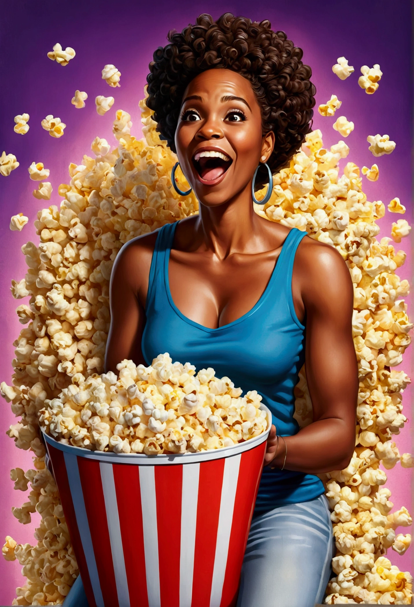 Super colorful cartoon of a 30 year old black woman watching a movie with a giant bucket of popcorn in her hand and super happy