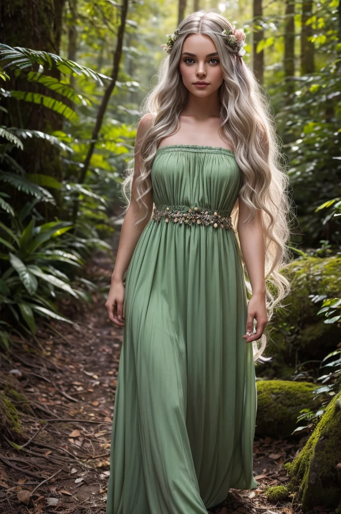 Dolly is a young elf with long silver hair that falls in soft waves down to her waist.. His eyes are a deep green, reflecting the serenity of ancient forests. Her skin is clear and has an ethereal glow., as if always bathed in moonlight. Dress in simple, functional clothes, generally made from natural fabrics and dyed in shades of green and brown, adorned with small accessories made of leaves and flowers.