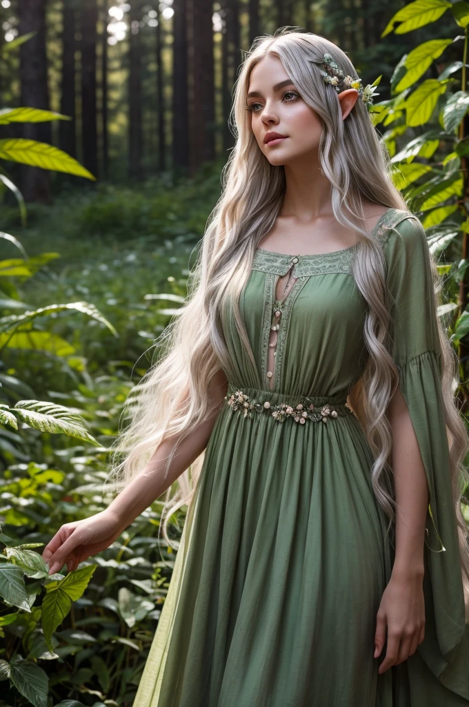 Dolly is a young elf with long silver hair that falls in soft waves down to her waist.. His eyes are a deep green, reflecting the serenity of ancient forests. Her skin is clear and has an ethereal glow., as if always bathed in moonlight. Dress in simple, functional clothes, generally made from natural fabrics and dyed in shades of green and brown, adorned with small accessories made of leaves and flowers.