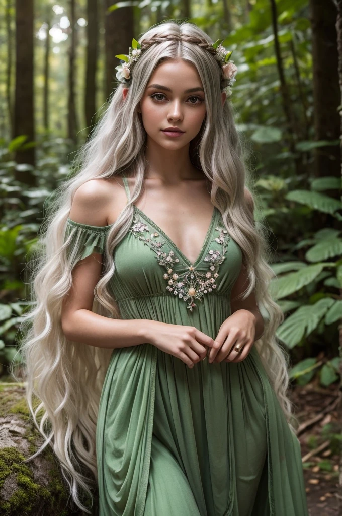 Dolly is a young elf with long silver hair that falls in soft waves down to her waist.. His eyes are a deep green, reflecting the serenity of ancient forests. Her skin is clear and has an ethereal glow., as if always bathed in moonlight. Dress in simple, functional clothes, generally made from natural fabrics and dyed in shades of green and brown, adorned with small accessories made of leaves and flowers.
