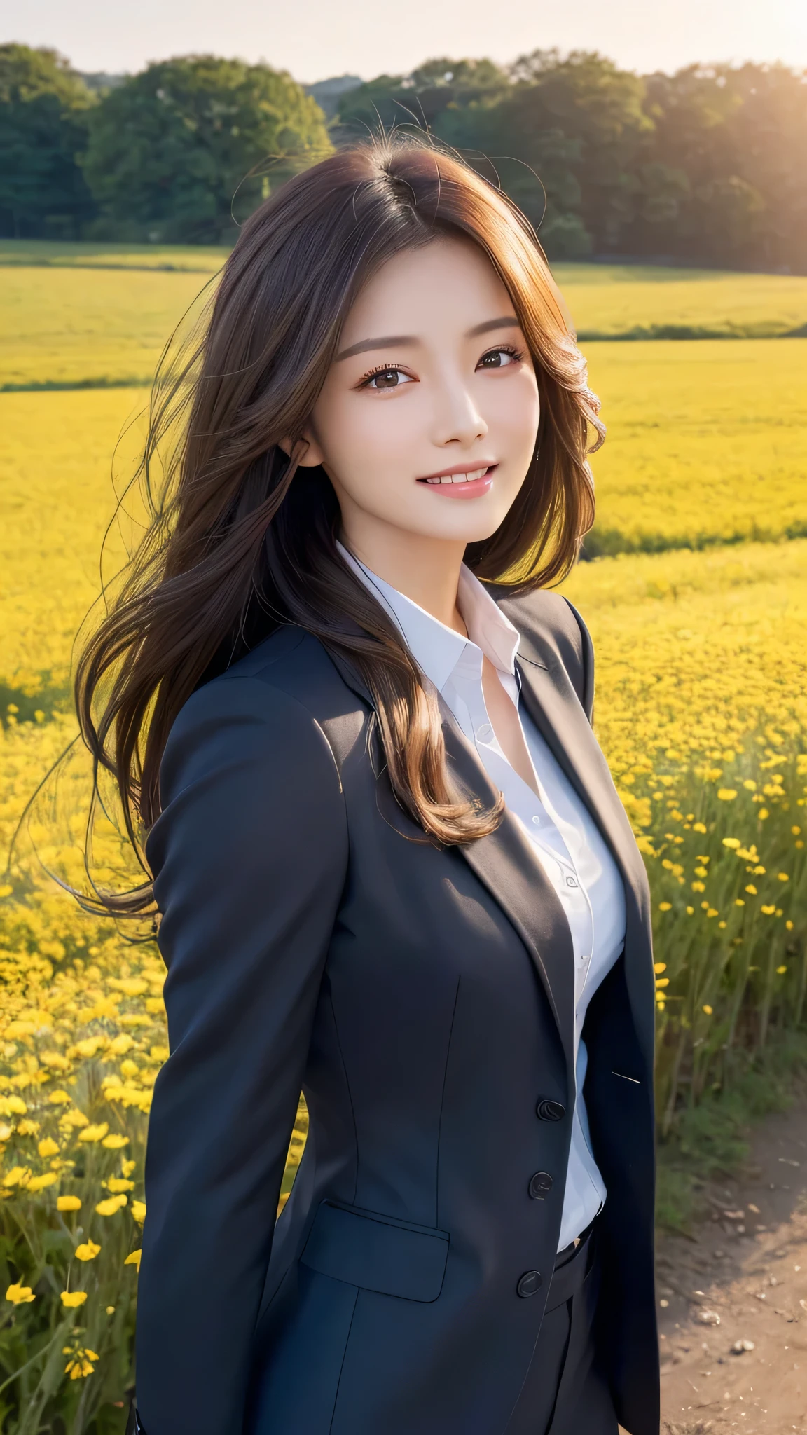 highest quality、genuine、Super detailed、finely、High resolution、8k wallpaper、one beautiful woman、、、light brown disheveled hair、wearing a business suit、sharp focus、perfect dynamic composition、beautiful and detailed eyes、thin hair、Detailed genuine skin texture、smile、model body shape、In a windswept meadow