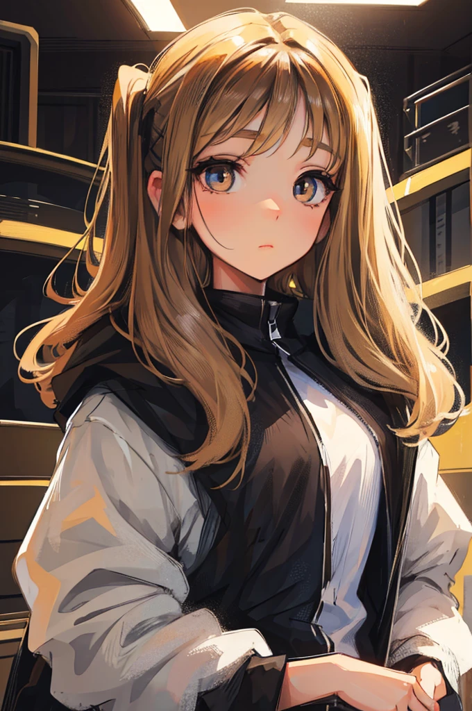 girl with light brown hair, blonde, finished in black, tips of black hair, eyes, black