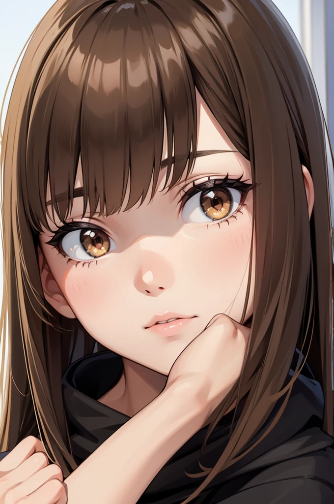girl with light brown hair, blonde, finished in black, tips of black hair, eyes, black